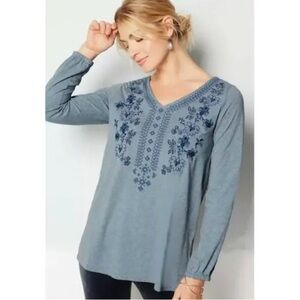J.Jill Pure Jill Medium Floral Embroidered V-Neck Blue Cotton Tunic Size NWT